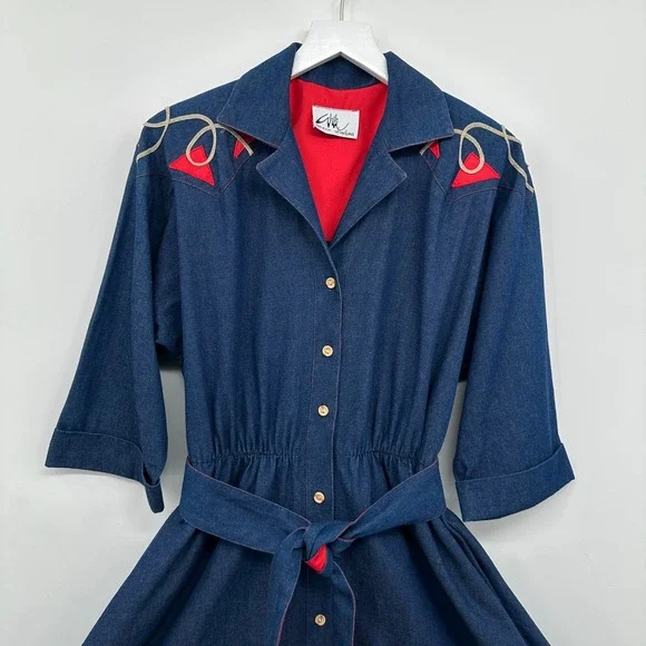 Vintage Denim Midi Dress‎ Medium Pockets Western Cottagecore Rodeo Prairie USA - Picture 4 of 11